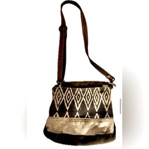 Myra Bag Azure Upcycled Canvas & Cowhide Leather Shoulder Bag S-1266